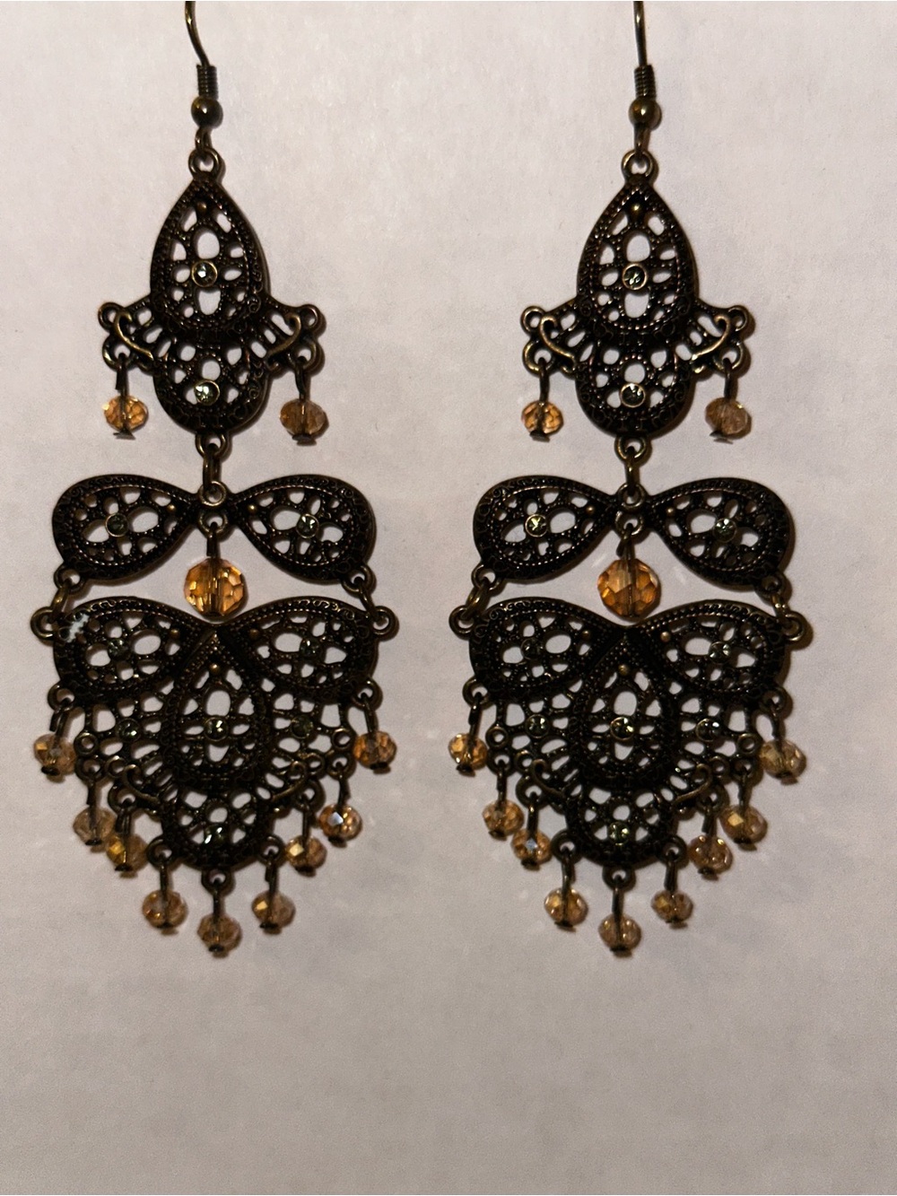 Vintage-Inspired Filigree Drop Earrings with Amber Beads